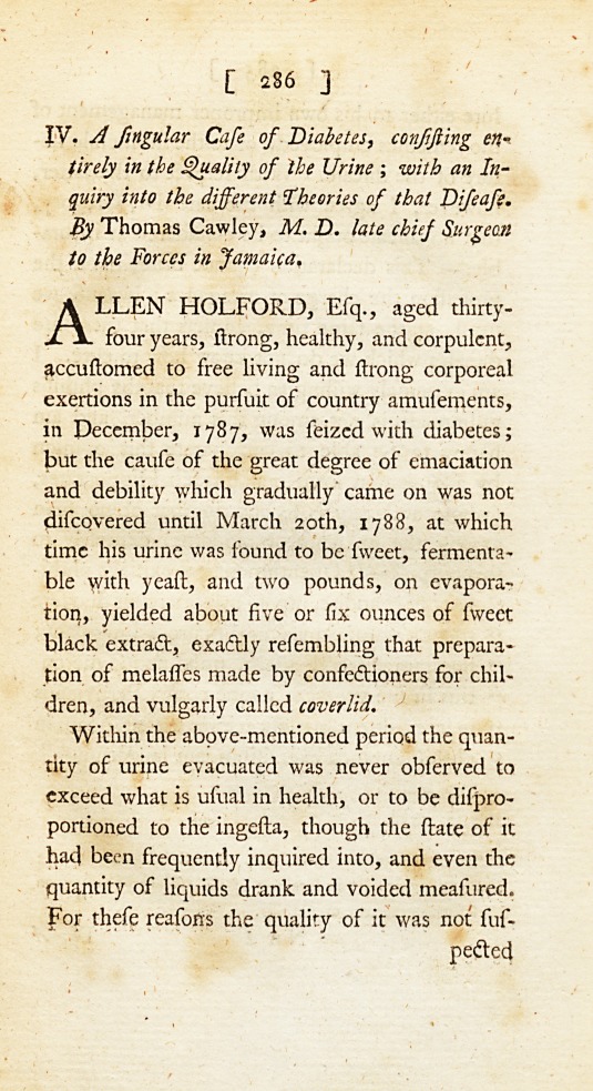 A Singular Case of Diabetes, Consisting Entirely in the Quality of the Urine; with an Inquiry into the Different Theories of That Disease.