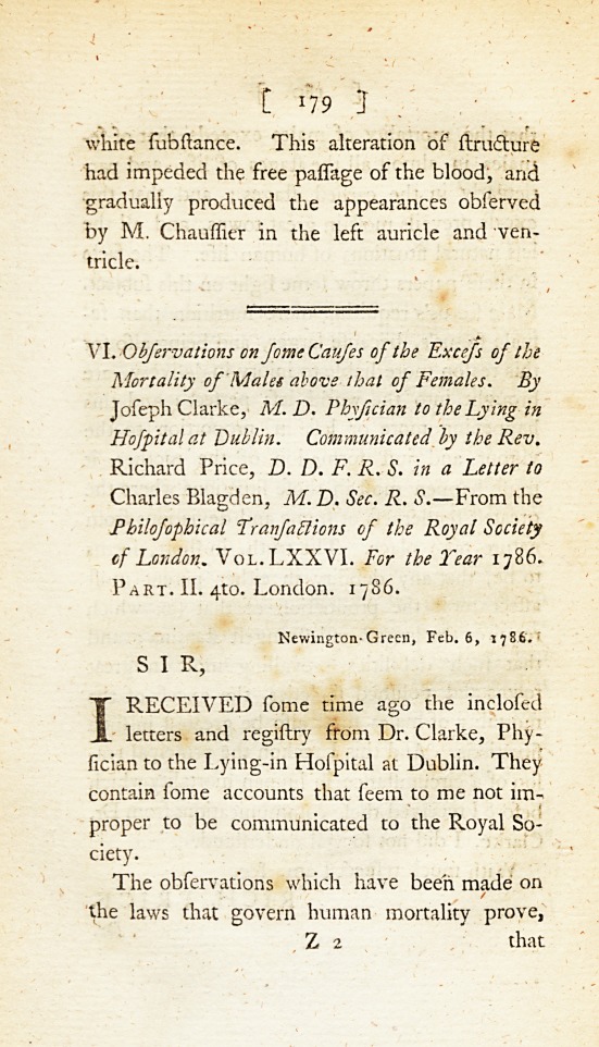 Observations on Some Causes of the Excess of the Mortality of Males above That of Females.