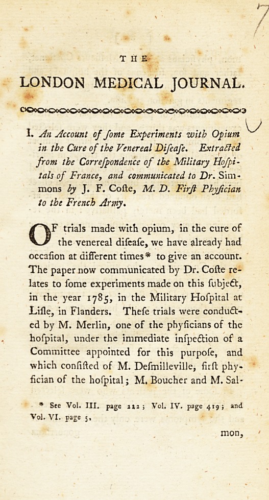 An Account of Some Experiments with Opium in the Cure of the Venereal Disease.