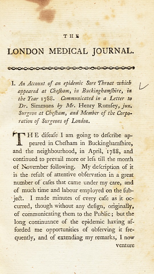 An Account of an Epidemic Sore Throat Which Appeared at Chesham, in Buckinghamshire, in the Year 1788.