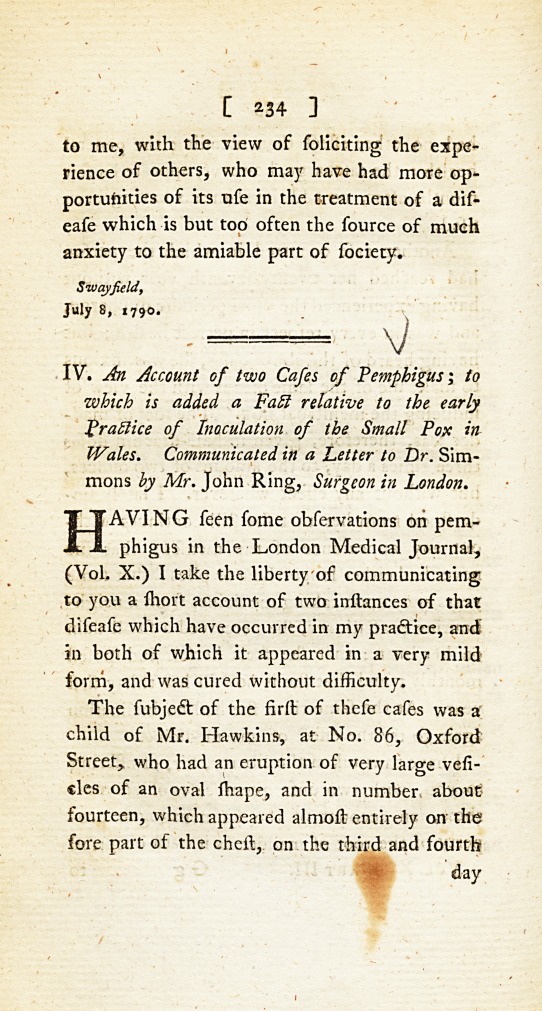 An Account of Two Cases of Pemphigus; to Which Is Added a Fact Relative to the Early Practice of Inoculation of the Small Pox in Wales.