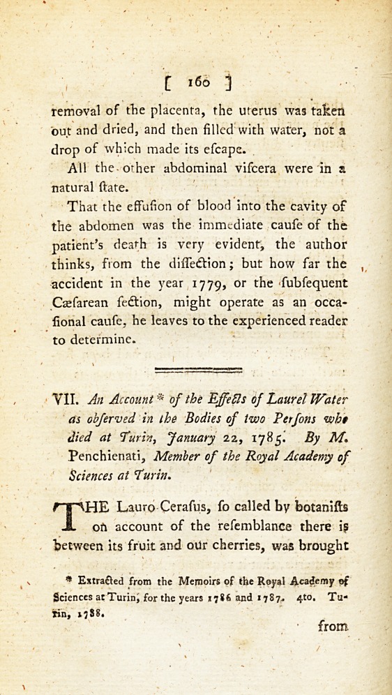 An Account of the Effects of Laurel Water as Observed in the Bodies of Two Persons Who Died at Turin, January 22, 1785.