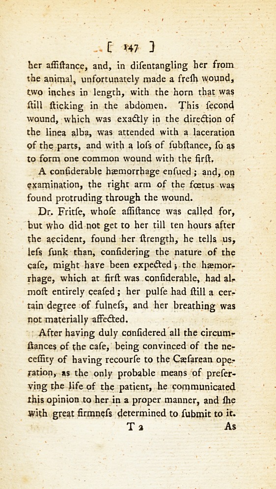 Case of a Woman Who, after Having Been Gored in the Abdomen by an Ox in the Sixth Month of Pregnancy, Underwent the Cæsarean Operation.