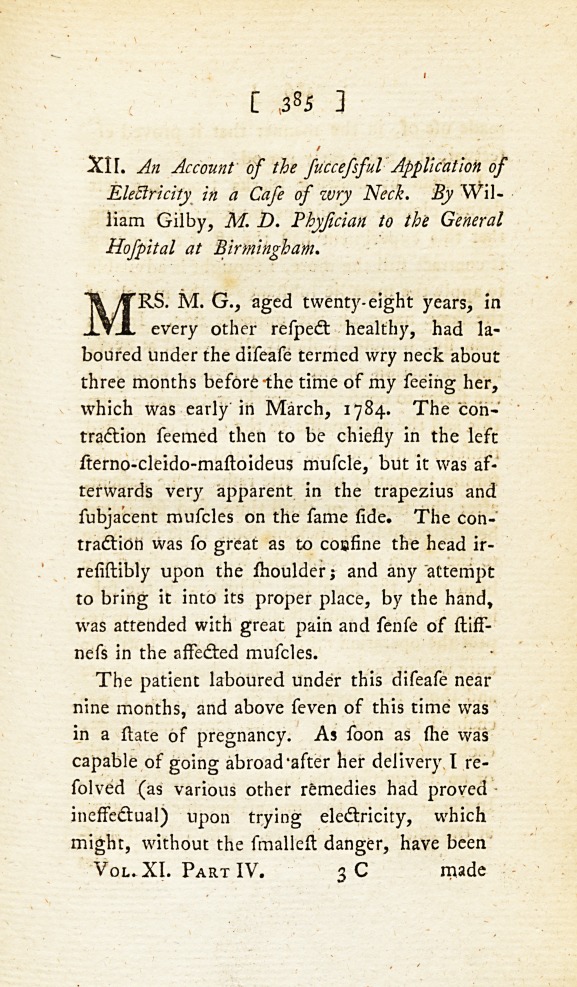 An Account of the Successful Application of Electricity in a Case of Wry Neck.