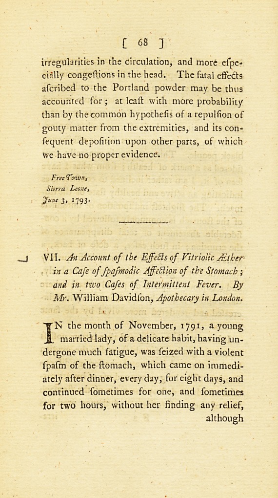 An Account of the Effects of Vitriolic Æther in a Case of Spasmodic Affection of the Stomach; and in Two Cases of Intermittent Fever.