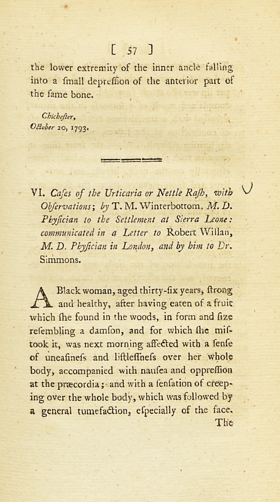 Cases of the Urticaria or Nettle Rash, with Observations: <i>Communicated in a Letter to</i> Robert Willan, <i>M. D. Physician in London, and by Him to Dr.</i> Simmons.