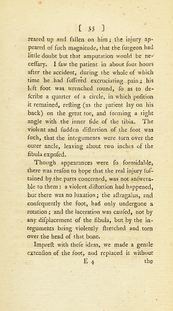 A Case of Violent Distortion of the Foot, Occasioned by a Rotation of the Astragalus, in Consequence of a Fall, and Accompanied with a Laceration of the Integuments at the Outer Ancle, and Exposure of a Portion of the Fibula: <i>Communicated in a Letter to</i> Dr. Simmons.