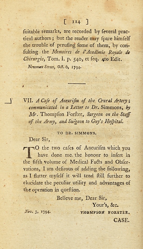 A Case of Aneurism of the Crural Artery: <i>Communicated in a Letter to Dr.</i> Simmons.