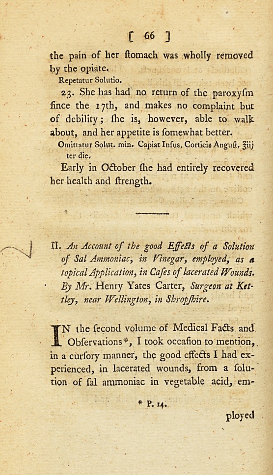 An Account of the Good Effects of a Solution of Sal Ammoniac, in Vinegar, Employed, as a Topical Application, in Cases of Lacerated Wounds.