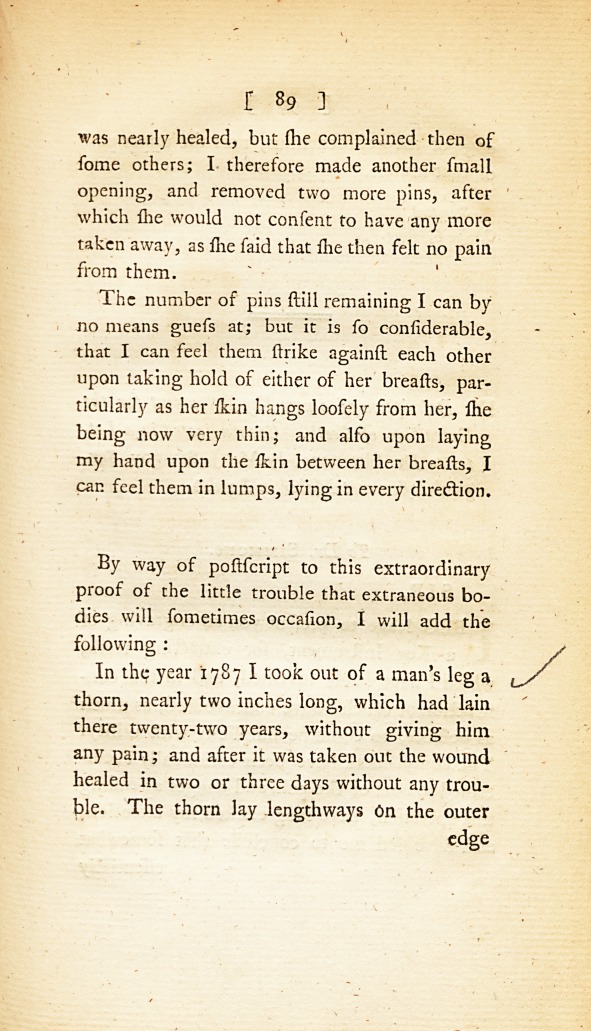 Cases of Pins Extracted from the Breast of a Woman, after Remaining There Sixty Years: <i>Communicated in a Letter to Dr.</i> Simmons, <i>by</i> John Clarke, <i>M. D. Physician in London</i>.