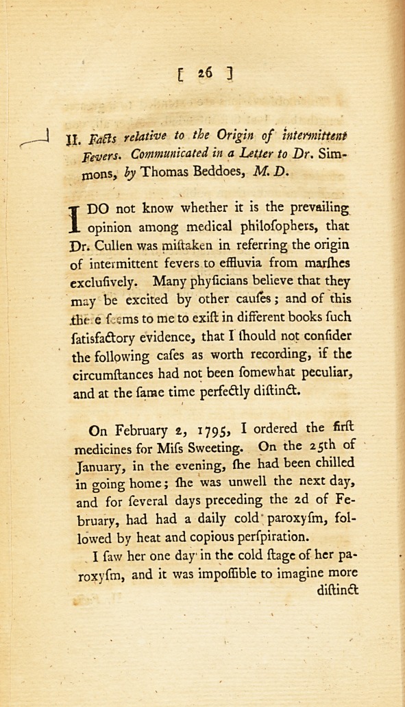 Facts Relative to the Origin of Intermittent Fevers: <i>Communicated in a Letter to Dr.</i> Simmons.