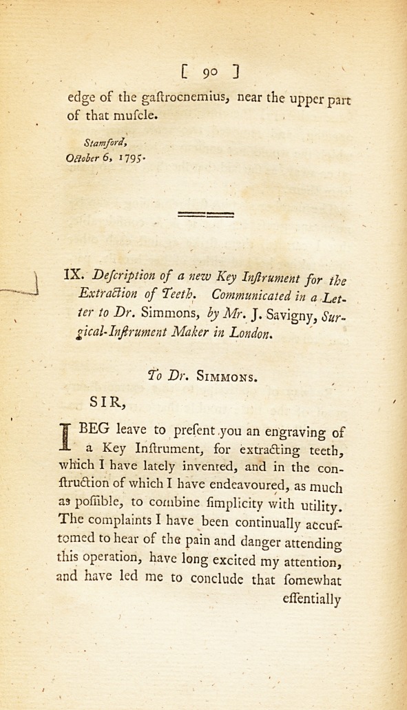 Description of a New Key Instrument for the Extraction of Teeth: <i>Communicated in a Letter to Dr.</i> Simmons.
