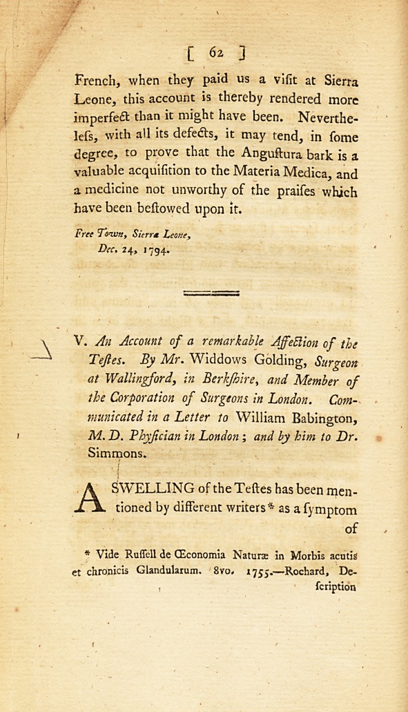 An Account of a Remarkable Affection of the Testes: <i>Communicated in a Letter to</i> William Babington, <i>M. D. Physician in London; and by Him to Dr.</i> Simmons.