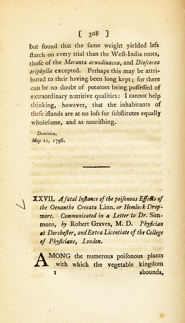 <i>A Fatal Instance of the Poisonous Effects of the Oenanthe Crocata</i> Linn. <i>or Hemlock Dropwort</i>: <i>Communicated in a Letter to Dr.</i> Simmons.