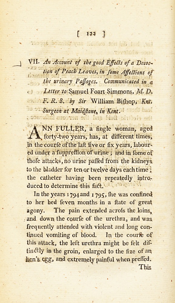 An Account of the Good Effects of a Decoction of Peach Leaves, in Some Affections of the Urinary Passages: <i>Communicated in a Letter to</i> Samuel Foart Simmons, <i>M.D. F.R.S.</i>