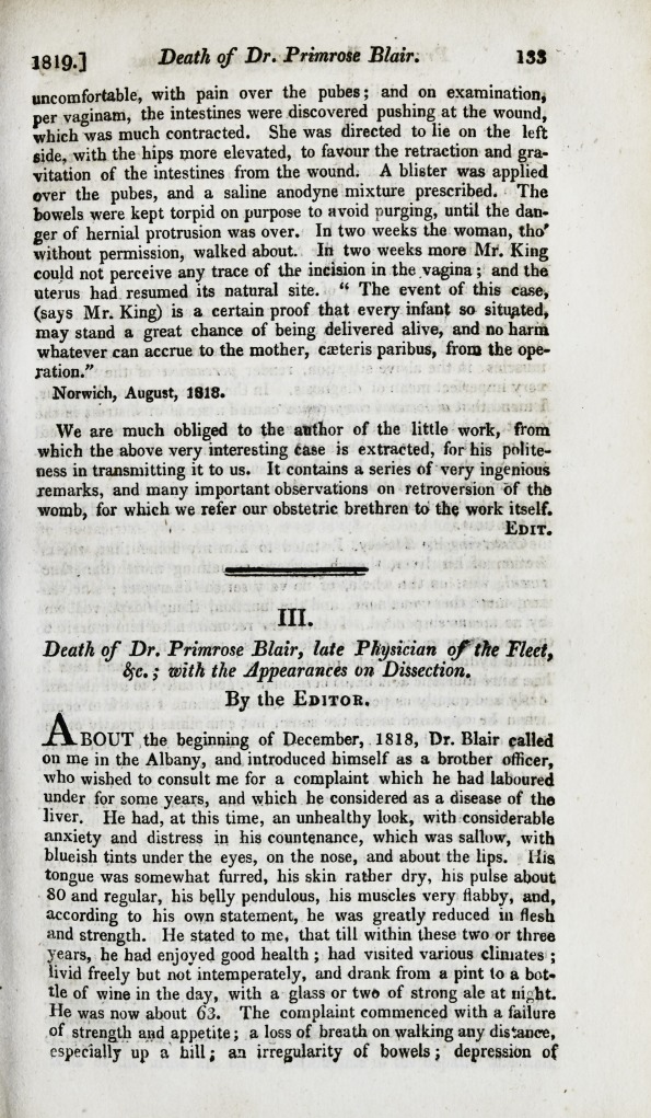 Death of Dr. Primrose Blair, Late Physician of the Fleet, &c.; with the Appearances on Dissection.