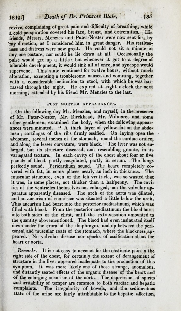 Death of Dr. Primrose Blair, Late Physician of the Fleet, &c.; with the Appearances on Dissection.