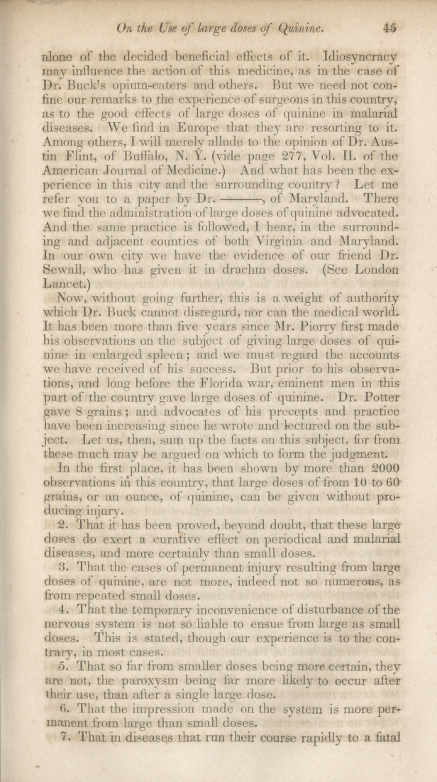 On the Use of Large Doses of Quinine: Report of a Commitee of the Medical Department of the National Institute, on Dr. Buck's Paper "On the Use and Abuse of Medicine".