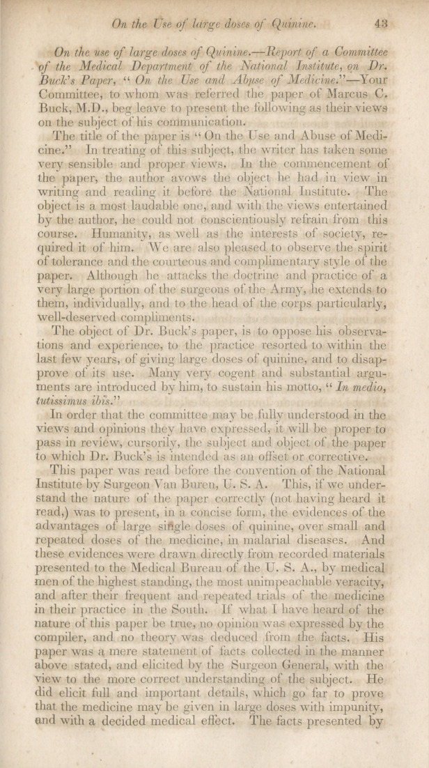 On the Use of Large Doses of Quinine: Report of a Commitee of the Medical Department of the National Institute, on Dr. Buck's Paper "On the Use and Abuse of Medicine".