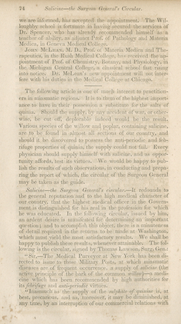 Salacine-the Surgeon General's Circular.