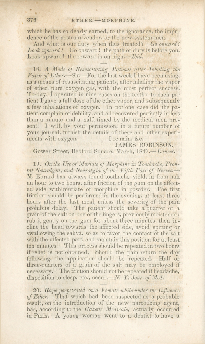 On the Use of the Muriate of Morphine in Toothache, Etc., Etc.