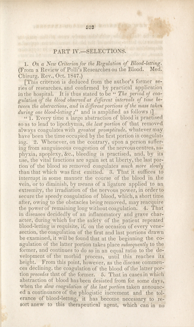 On a New Criterion for the Regulation of Blood-letting.