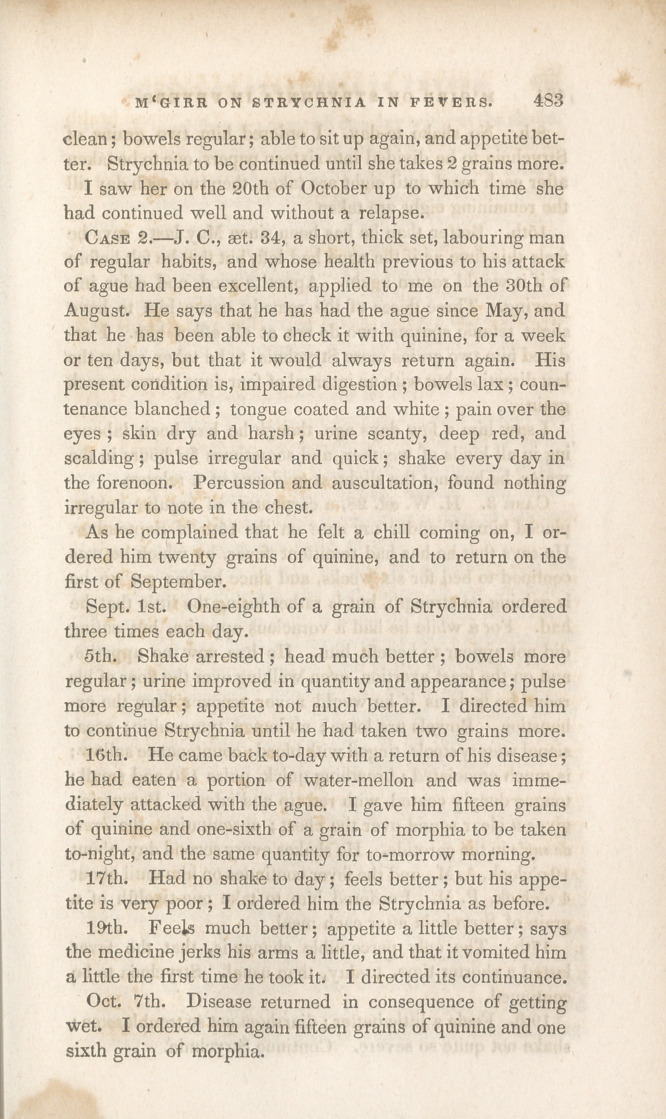 Cases and Observations on the Use of Strychnia in Intermittent Fevers.