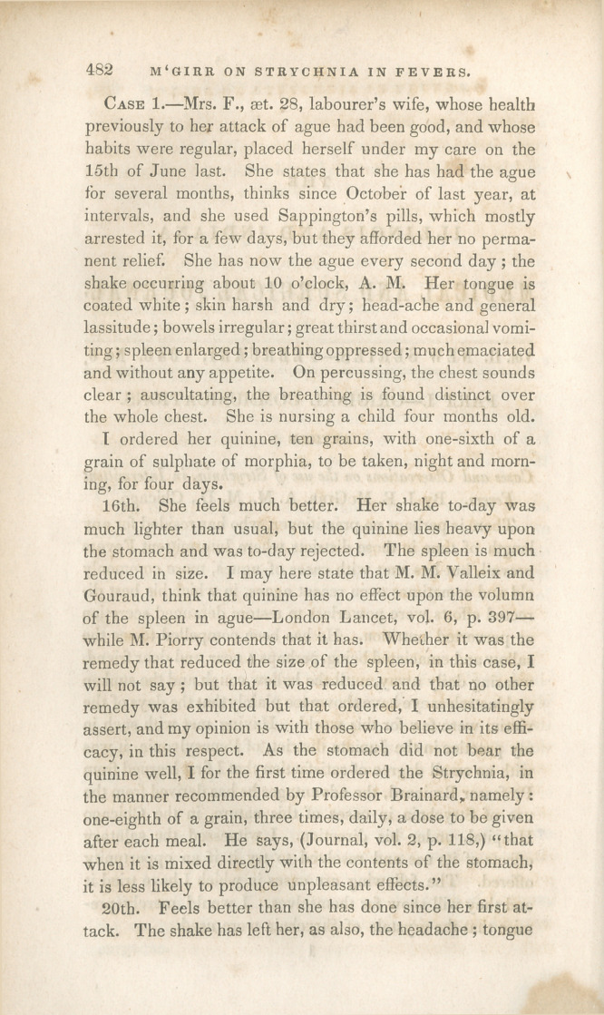 Cases and Observations on the Use of Strychnia in Intermittent Fevers.
