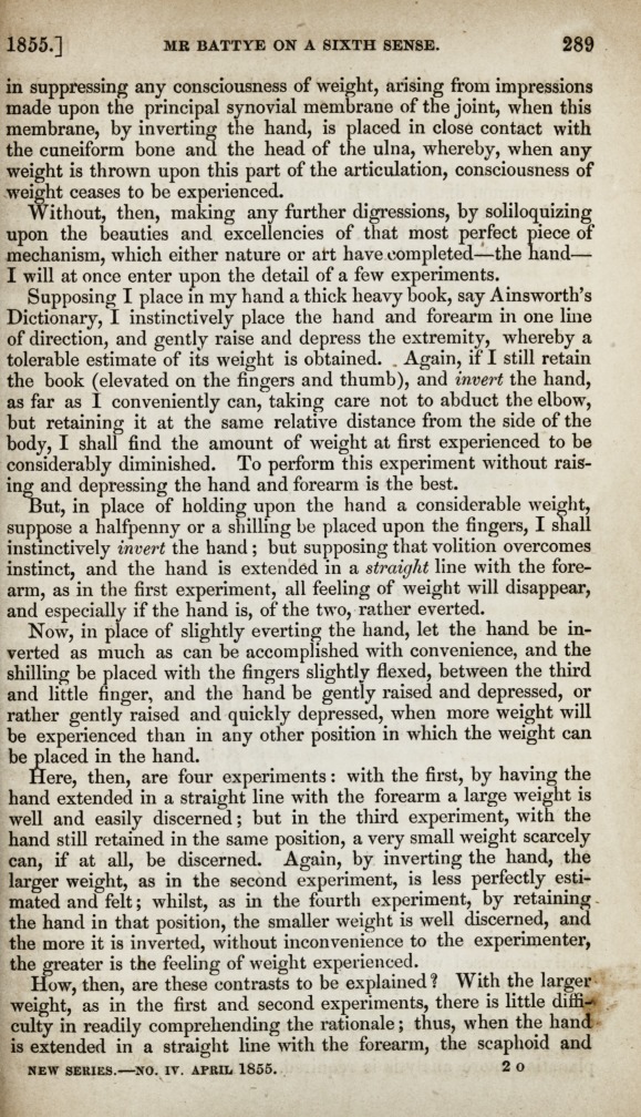 An Experimental Inquiry into the Existence of a Sixth Sense, Here Called the Sense of Force.
