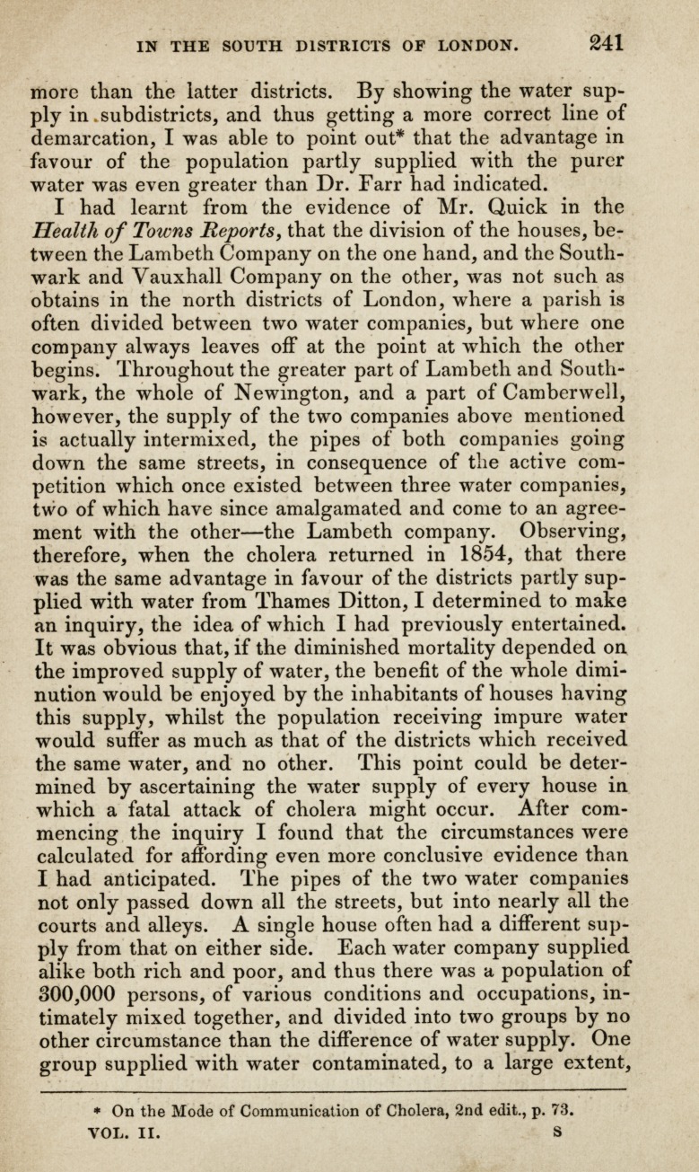 Cholera and the Water Supply in the South Districts of London in 1854.