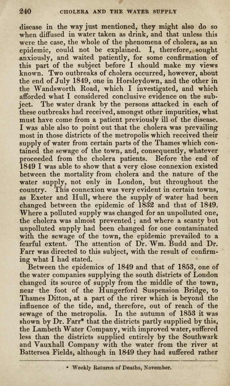 Cholera and the Water Supply in the South Districts of London in 1854.