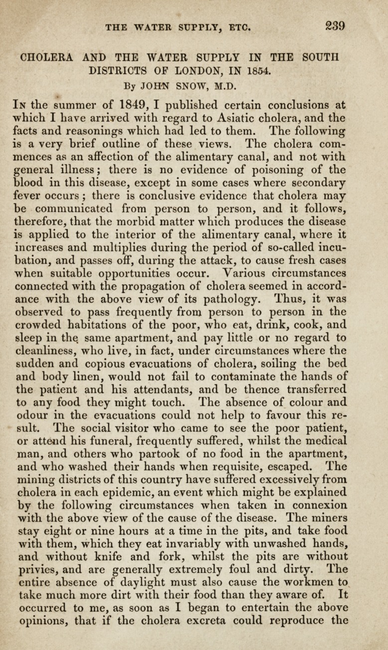 Cholera and the Water Supply in the South Districts of London in 1854.