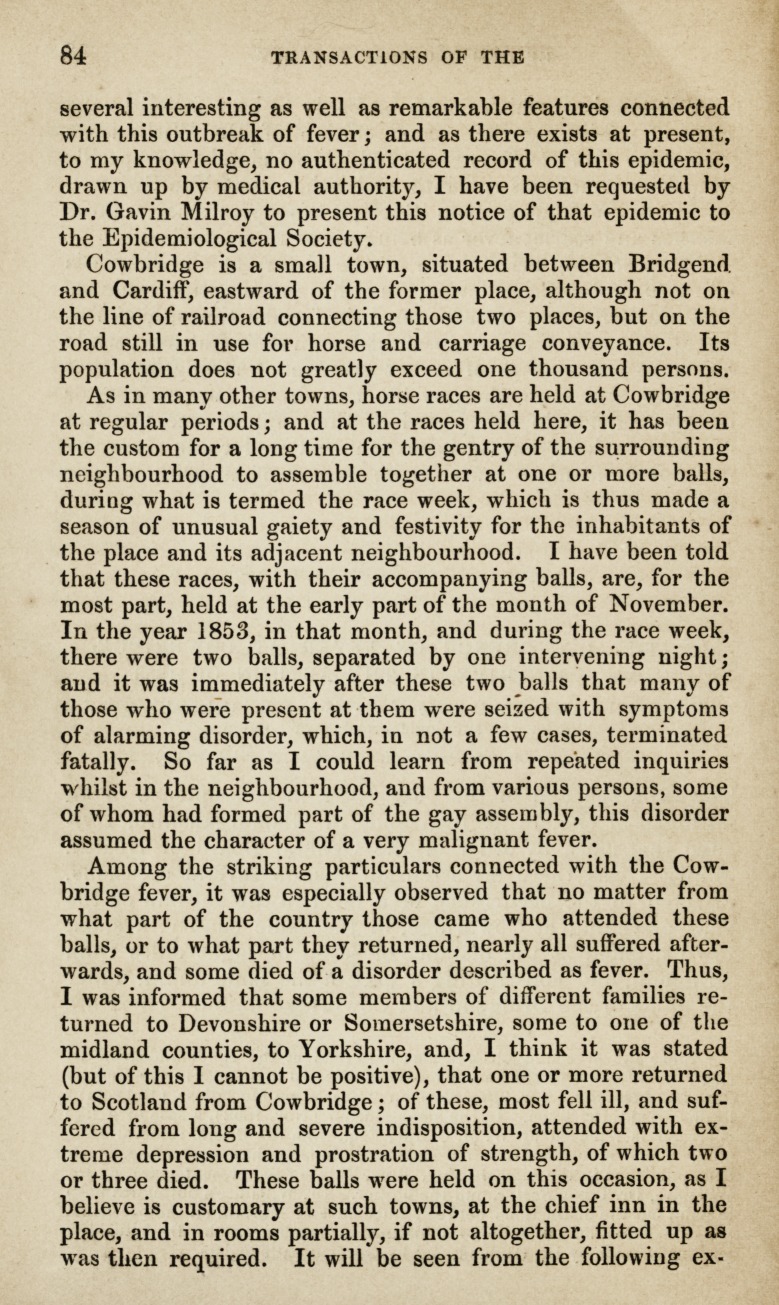 On the Occurrence of Fever at Cowbridge in 1853.