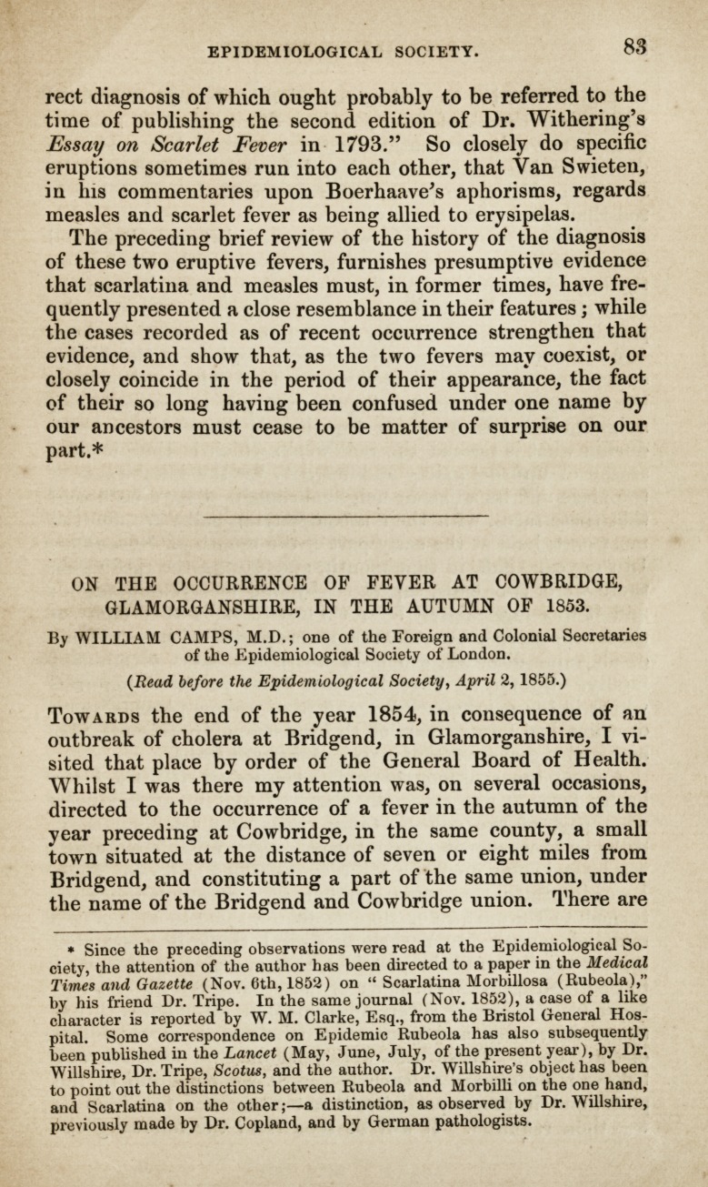 On the Occurrence of Fever at Cowbridge in 1853.