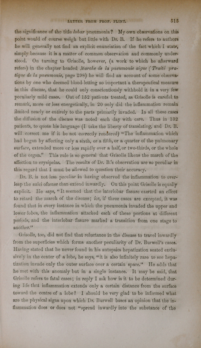 Letter from Prof. Flint, Containing a Brief Notice of Certain Strictures on His Report to the Buffalo Medical Association, on Pneumonia; by Dr. Geo. N. Burwell.