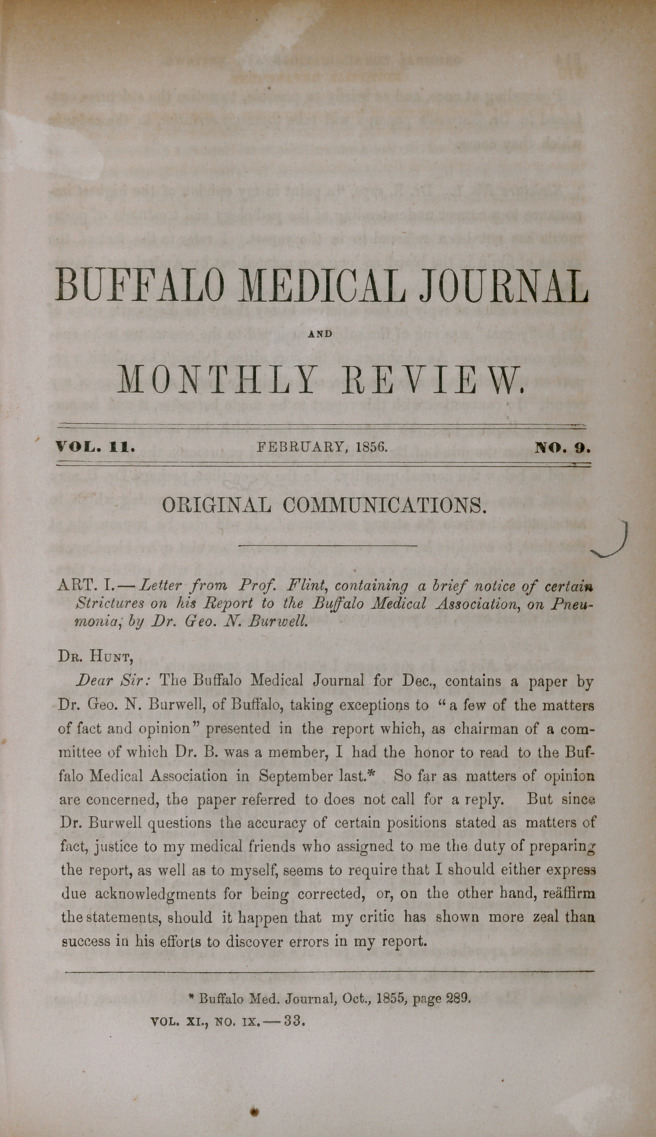 Letter from Prof. Flint, Containing a Brief Notice of Certain Strictures on His Report to the Buffalo Medical Association, on Pneumonia; by Dr. Geo. N. Burwell.