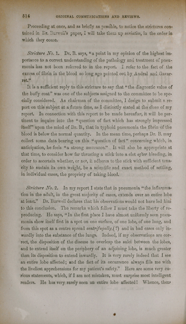 Letter from Prof. Flint, Containing a Brief Notice of Certain Strictures on His Report to the Buffalo Medical Association, on Pneumonia; by Dr. Geo. N. Burwell.