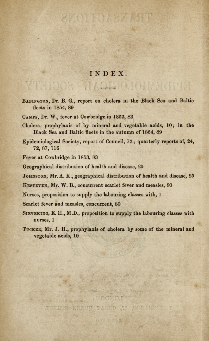 Index to the Transactions of the Epidemiological Society of London.