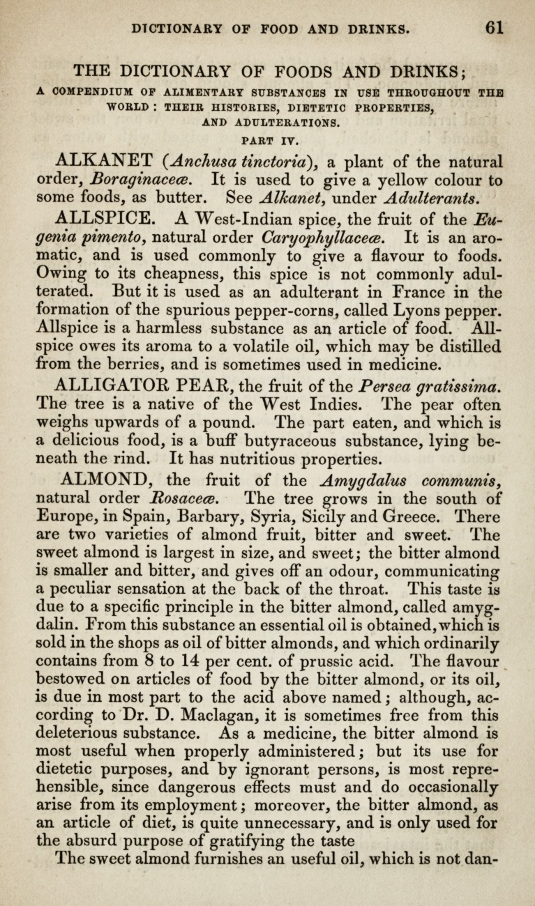 The Dictionary of Foods and Drinks: A Compendium of Alimentary Substances in Use Throughout the World: Their Histories, Dietetic Properties, and Adulterations. Part IV.