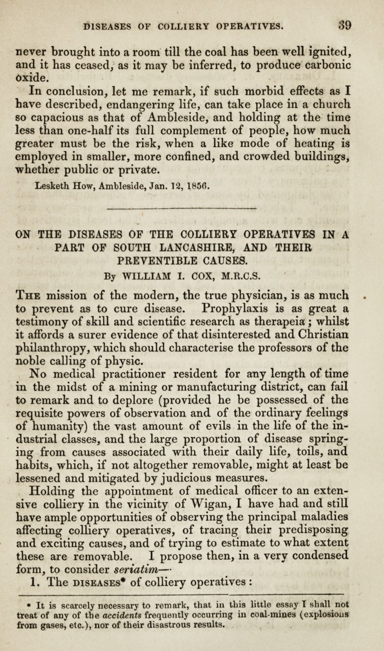 Diseases of Colliery Operatives in South Lancashire.