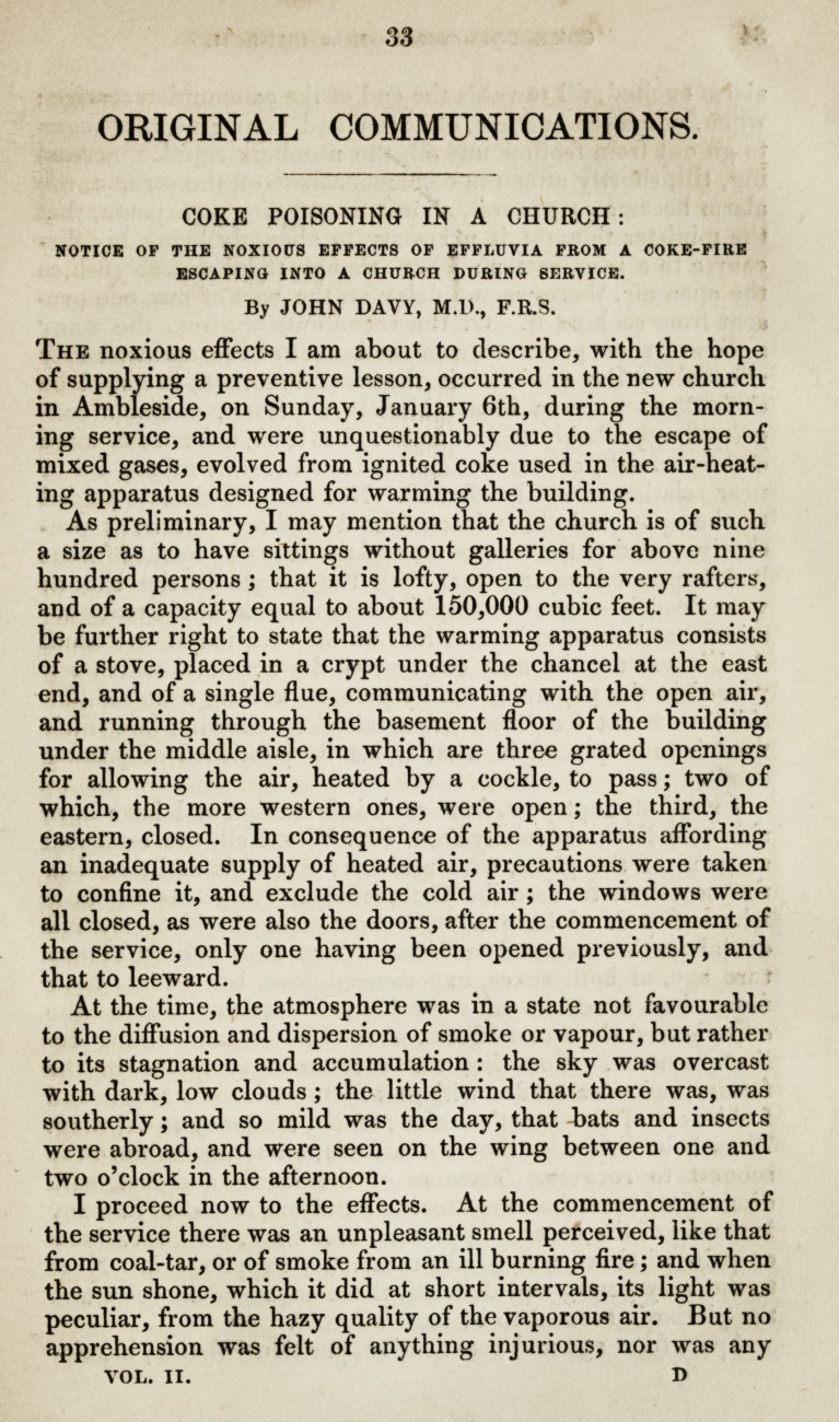 Coke Poisoning in a Church: Notice of the Noxious Effects of Effluvia from a Coke-Fire Escaping into a Church during Service.