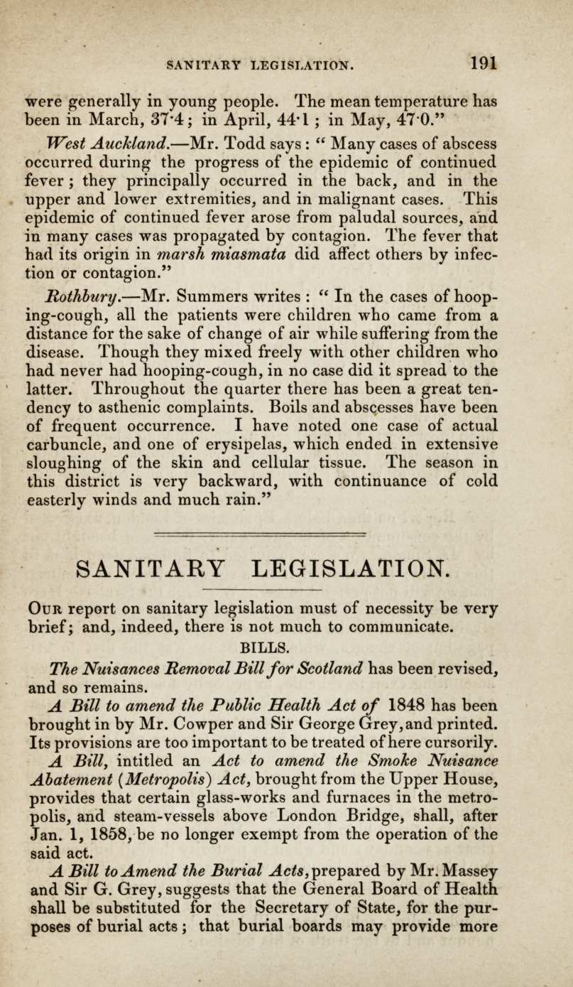 Notices of Bills and Returns, and of the Report of Mr. Simon on Cholera.
