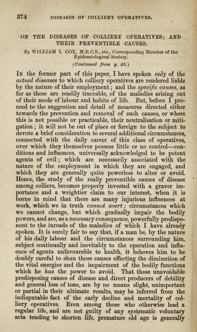 Diseases of Colliery Operatives, and Their Preventible Causes.