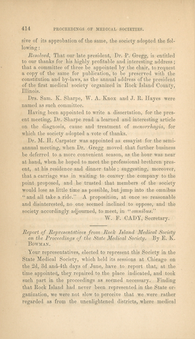 Report of Representatives from Rock Island Medical Society on the Proceedings of the State Medical Society.