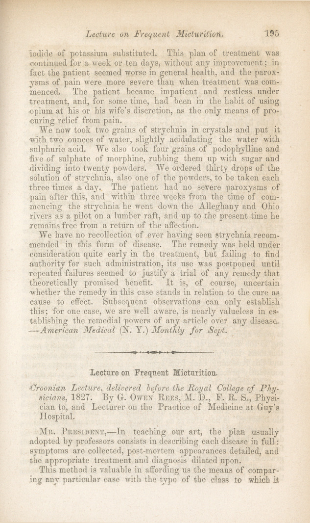 Lecture on Frequent Micturation: Croonian Lecture, Delivered before the Royal College of Physicians, 1827.