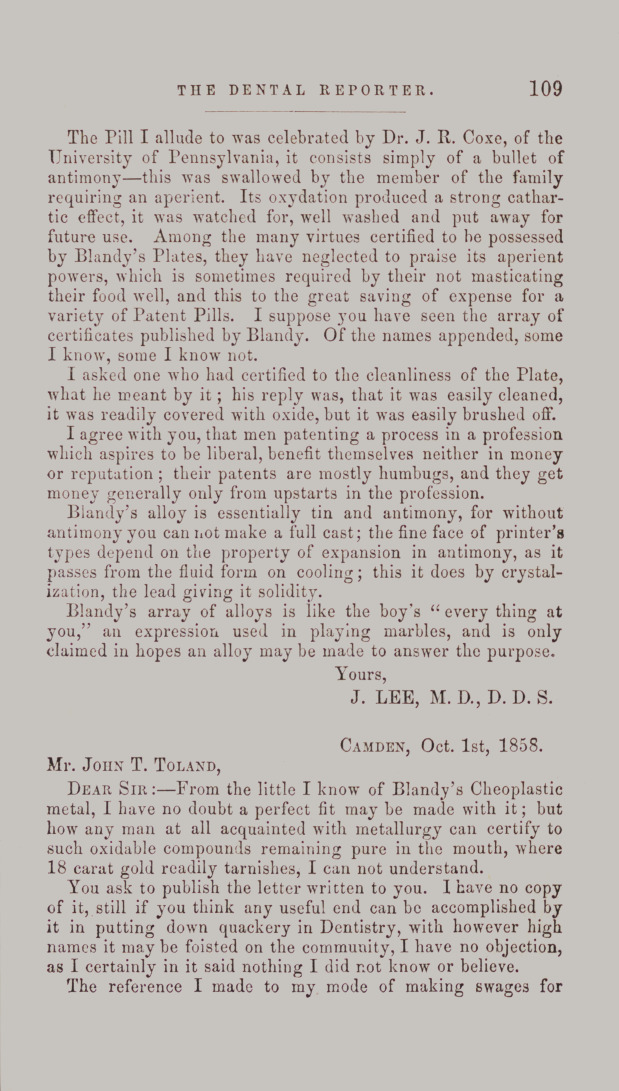 Letter from J. Lee, M. D., D. D. S.