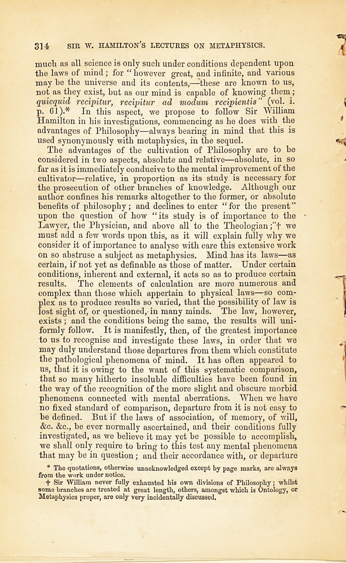 Sir William Hamilton's Lectures on Metaphysics.