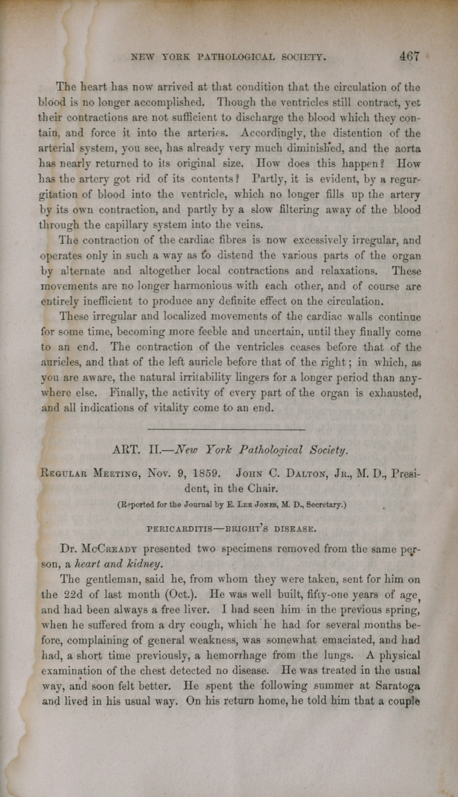 New York Pathological Society: Regular Meeting, Nov. 9, 1859. John C. Dalton, M. D., President.