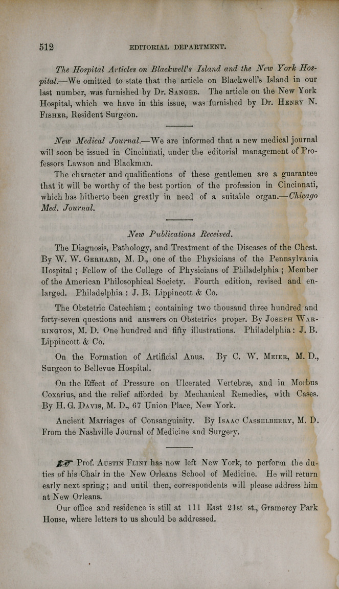 Erratum: The Hospital Articles on Blackwell's Island and the New York Hospital.