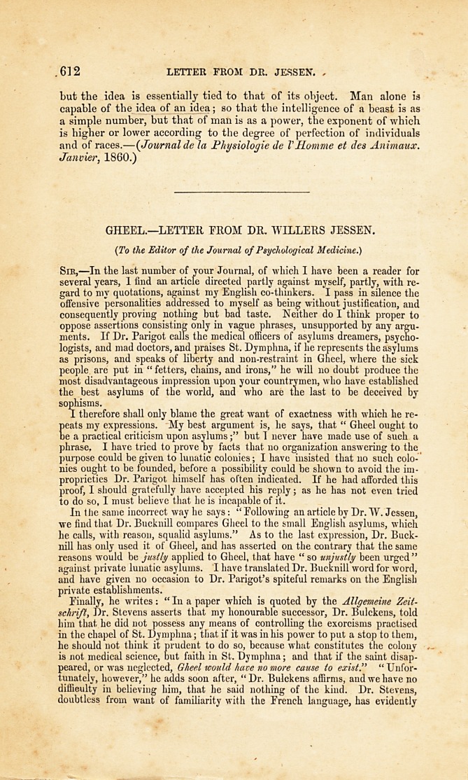 Gheel.-Letter from Dr. Willers Jessen: To the Editor of the Journal of Psychological Medicine.